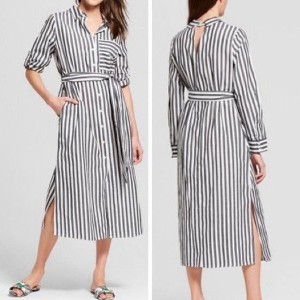 Who What Wear Black and White Striped Long Sleeve Dress